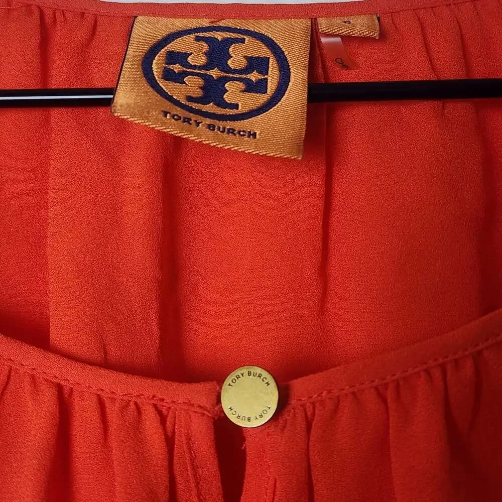 Tory Burch Blouse Womens 6 Orange Silk Long Sleeve Scoop Neck Top Pullover